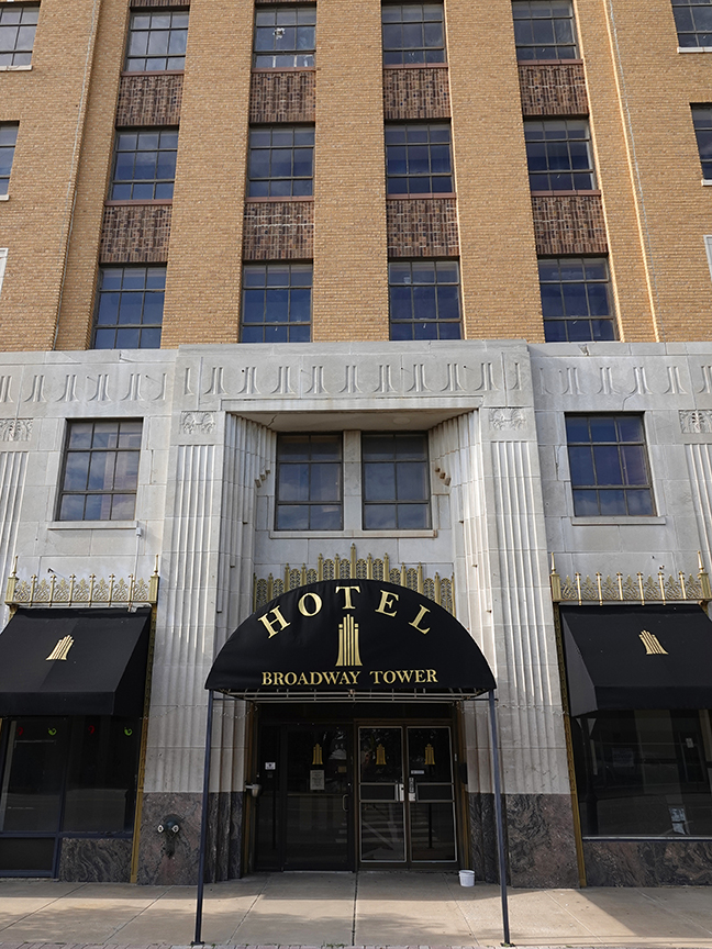 The art deco entrance to the stylish Broadway Tower, now empty.