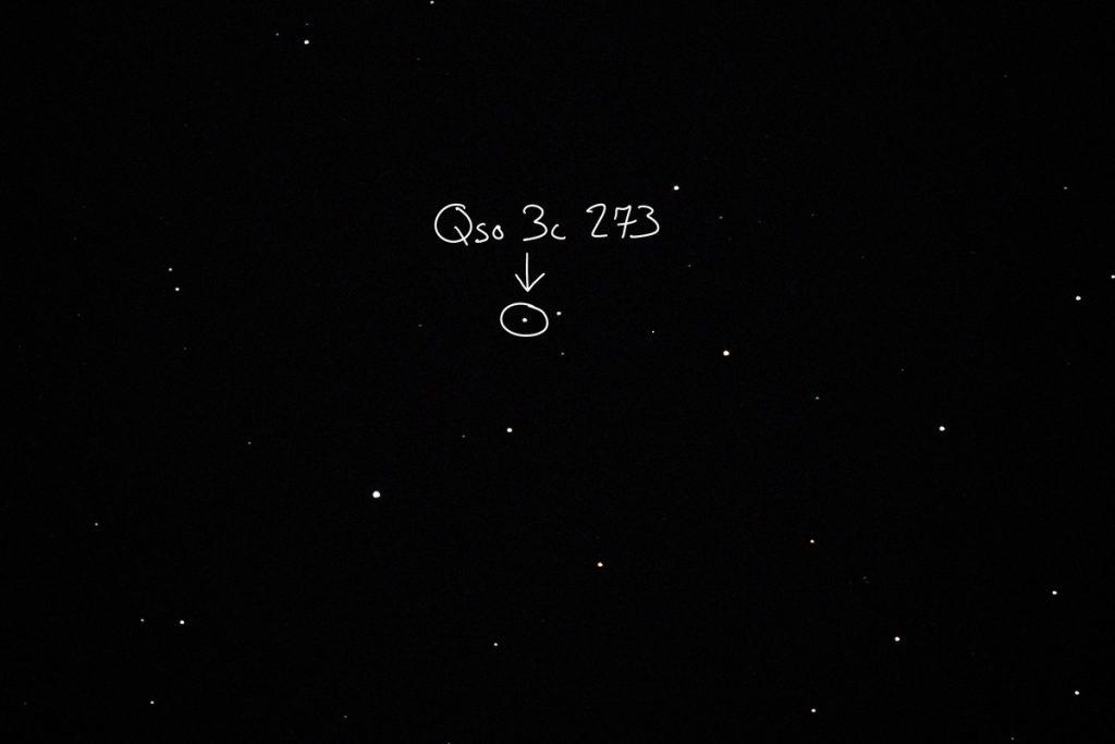 QSO 3C 273 as viewed from an 8’’ Celestron telescope in Enid, Oklahoma. Photo by Patrick Wine